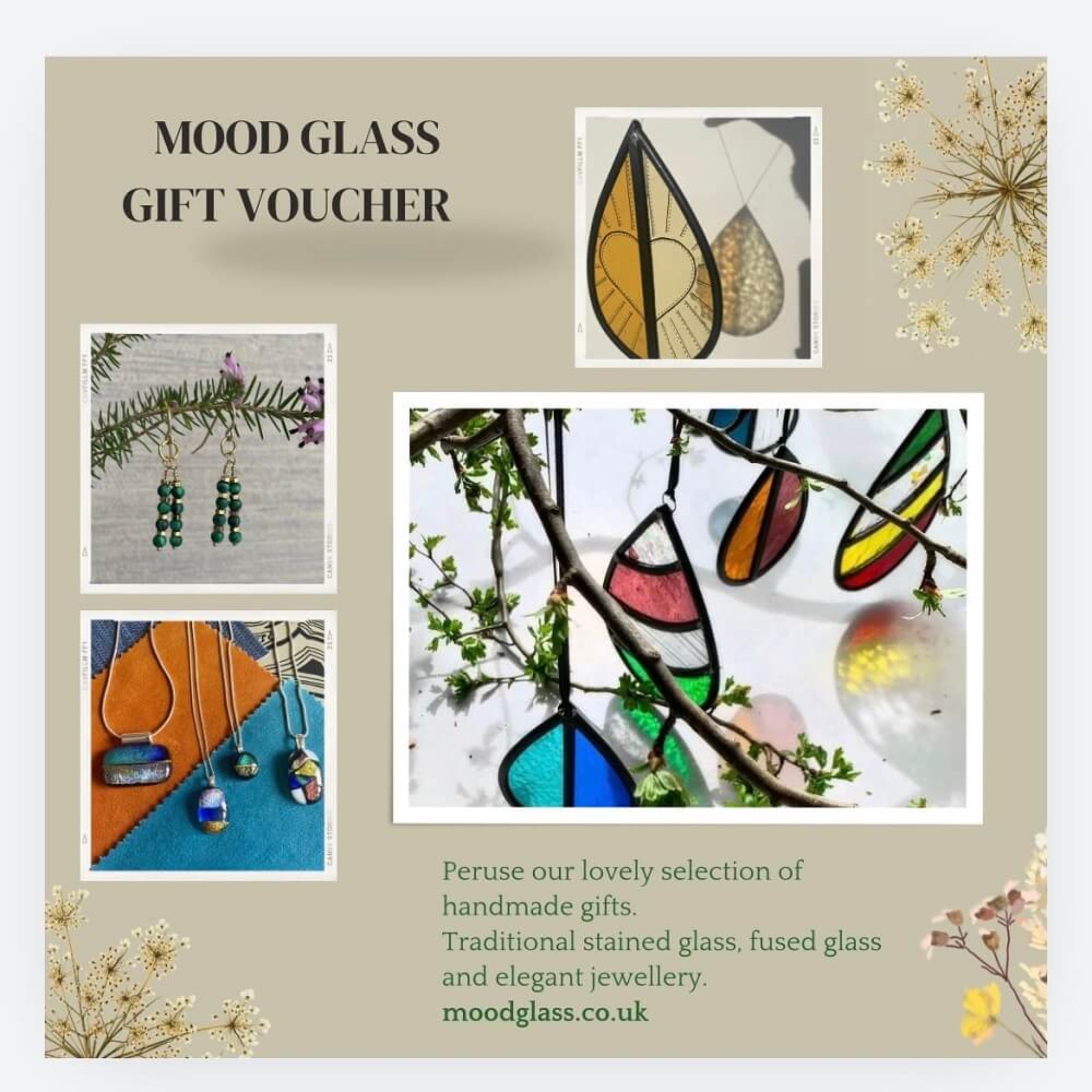 mood glass gift voucher, voucher with 4 images of gifts to buy, earrings, fused glass jewellery, sun catcher / tree spinners, text explaining what's for sale.