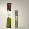 purple and green stained glass hanging tree spinner / sun catcher, stained glass garden tree spinner / in house sun catcher, 3 glass sections, rectangle stained glass panel.