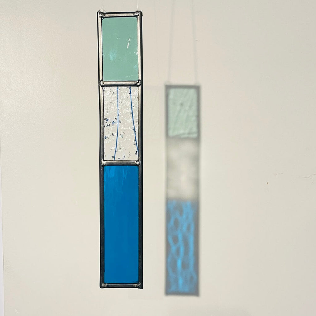 aqua and blue stained glass hanging tree decoration or sun catcher, stained glass garden tree spinner / in house sun catcher, 3 glass sections, rectangle stained glass panel.