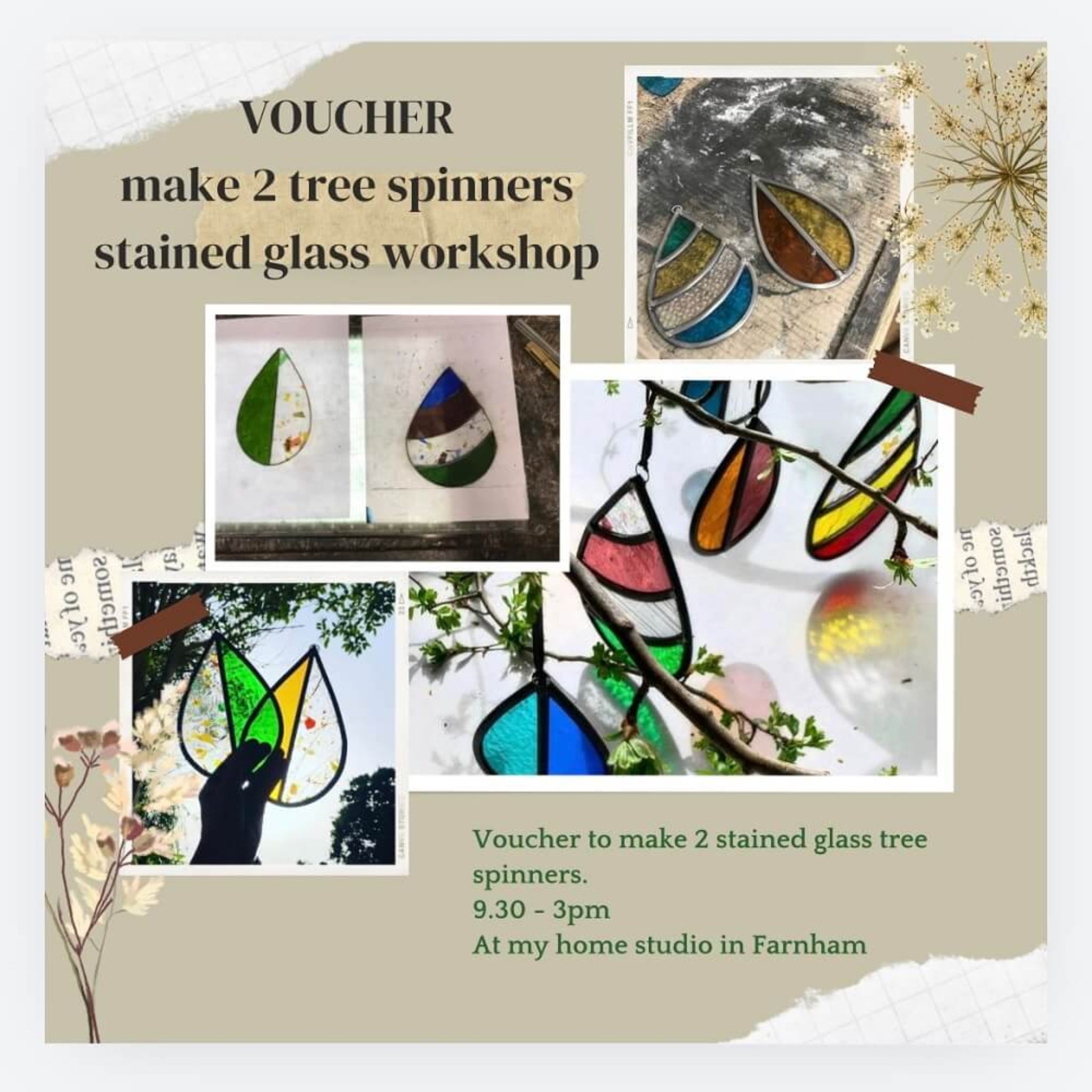 Stained glass tree spinner workshop voucher with 4 images of colourful stained glass tree spinners and workshop details to make them.