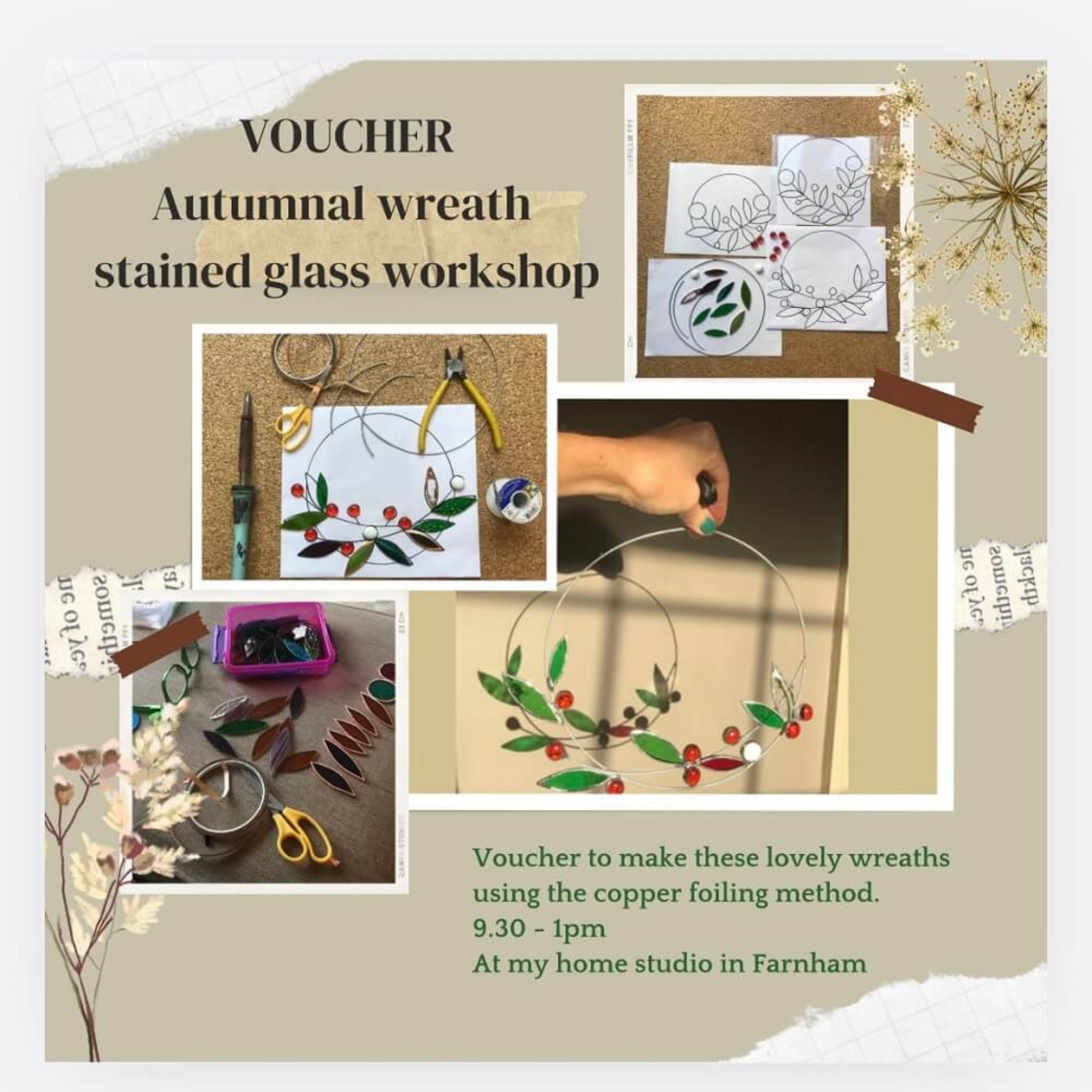 autumnal wreath stained glass workshop voucher, with images of 4 colourful stained glass leaves & glass wreaths, text about the workshop, where and when.